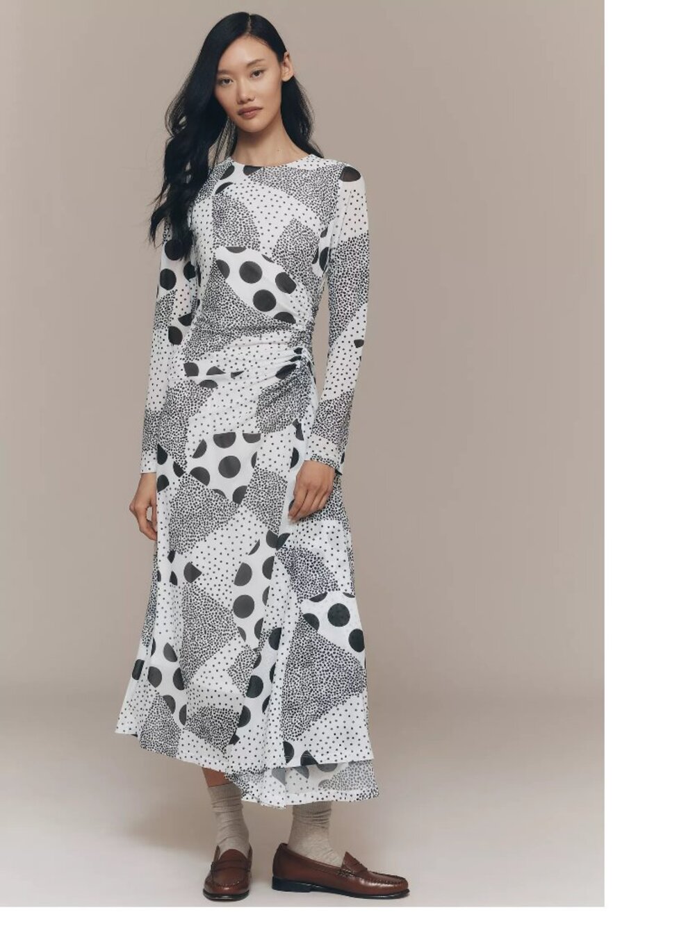 By Anthropologie Long-Sleeve Ruched Mesh Midi Dress new with tag XXS 2xs